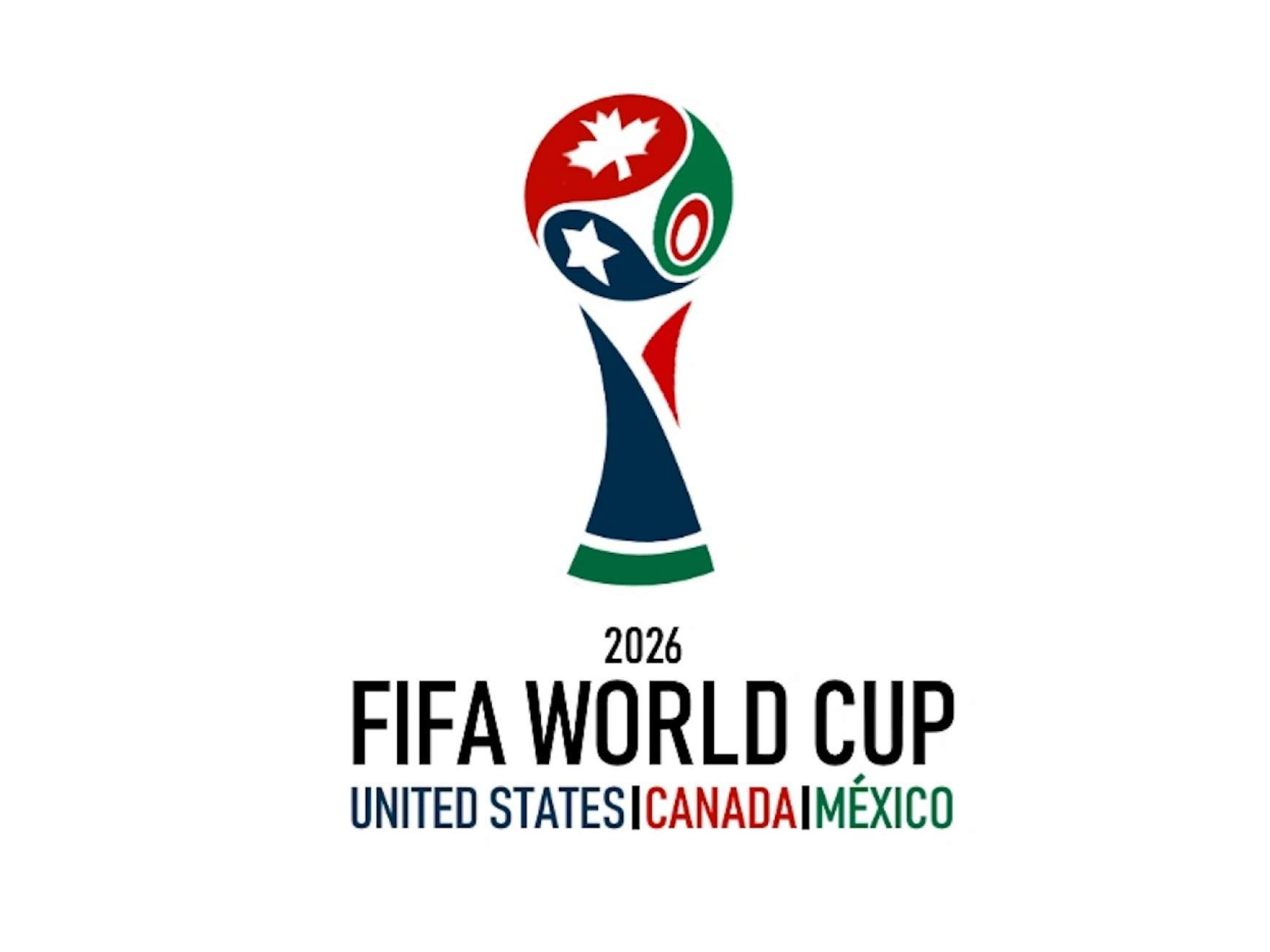 FIFA World Cup 2026 logó: stilizált trófea, zászlós színek és „United States|Canada|Mexico” felirat.