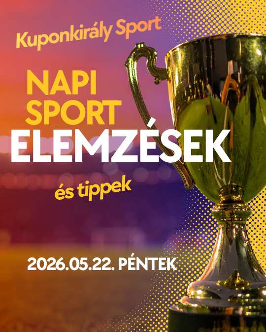 Arany kupak trófea látható, sportos szöveggel és dátummal, színes háttérrel és pontmintával.