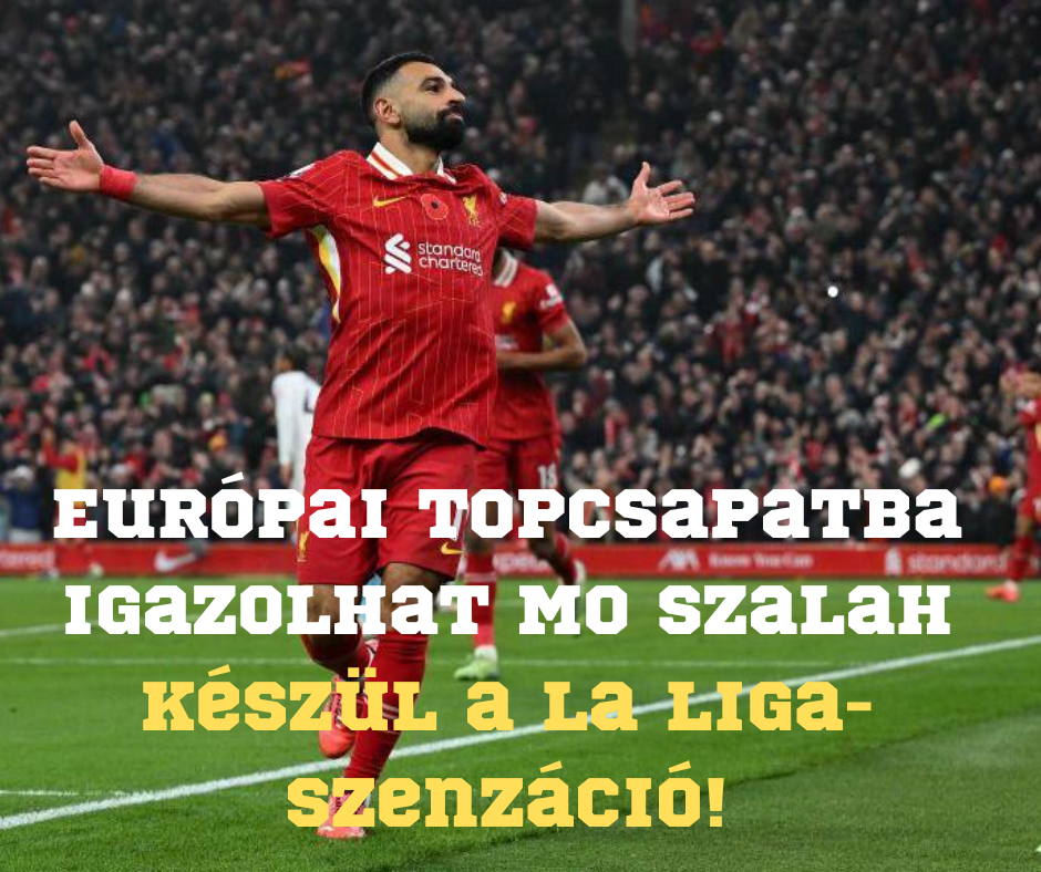 Szakállas futballista Liverpool mezben ünnepel, karját kitárva, stadionban tömeg háttérrel.