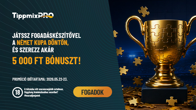 Arany kupát kirakósdarabok veszik körül, kék háttéren promóciós szöveg és „FOGADOK” gomb látható.