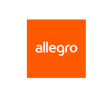 Narancssárga négyzetben fehér „allegro” felirat, középen elhelyezve fehér háttéren.
