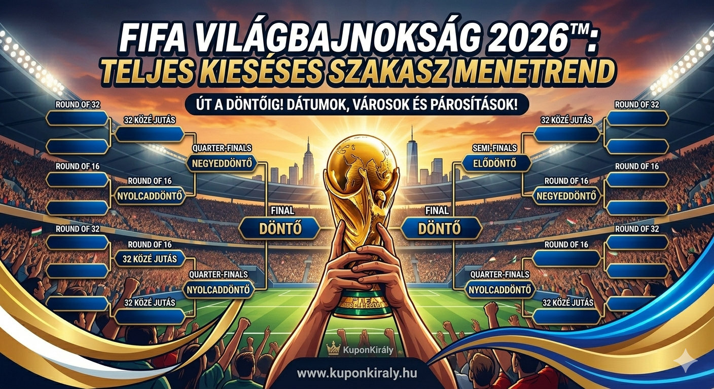 Arany trófea a stadionban, FIFA VilágbaJnokSág 2026™ menetrend ábrával és csapatkörök jelöléseivel.