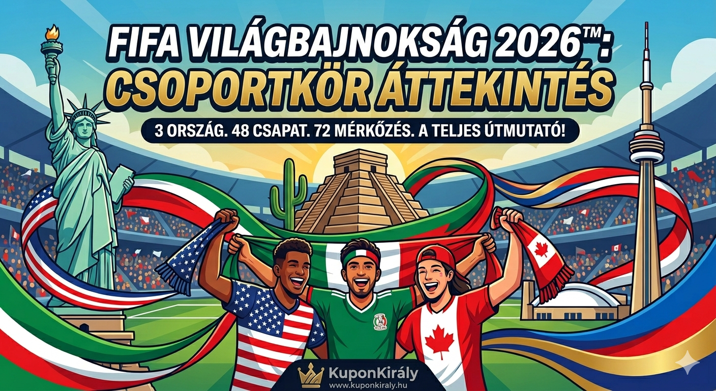 FIFA világbajnokság 2026 plakát, három ország zászlóival, stadionban ünneplő játékosokkal és szöveggel.