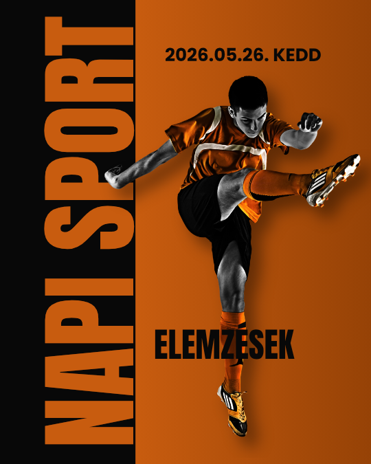 Narancssárga poszteren futó férfi, feliratokkal: 2026.05.26. KEDD és ELEMZSEK, fekete háttérrel.
