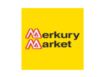 Sárga háttéren a Merkury Market logó piros betűkkel és stilizált „M” ikonokkal.
