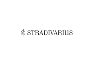 Stradivarius felirat látható stilizált hangjegy és hangvilla ikon mellett fehér háttéren.