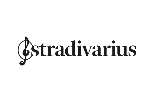 Fekete zenei hangjegy és „Ostradivarius” felirat fehér háttéren, letisztult logó stílusban.