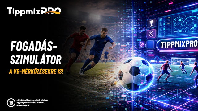 Focisták futnak digitális stadionban, kék neon kijelzőkkel és labdával, TippmixPro fogadás-szimulátor felirattal.