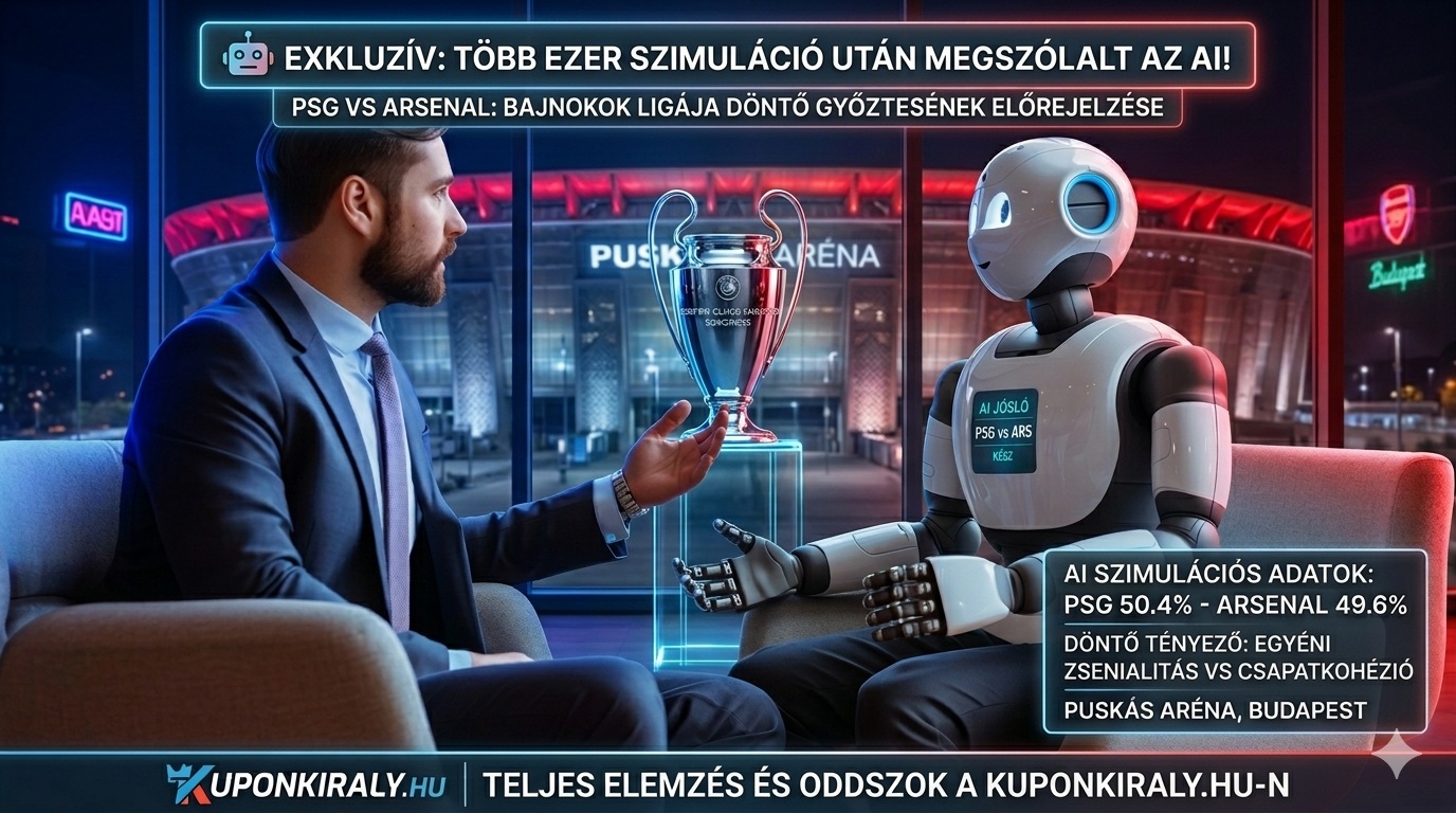 Két szereplő, ember és humanoid robot, trófeát mutat egy neonfényes stadionban, elemző feliratokkal.