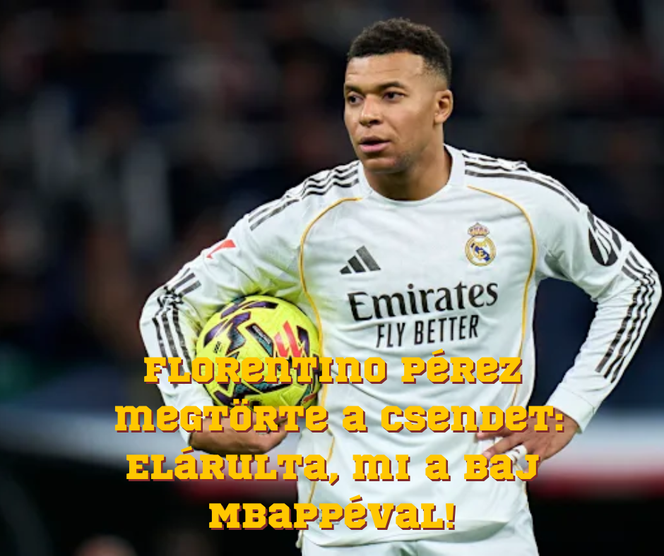 Florentino Pérez feliratú grafika: Real Madrid játékos fehér mezben, labdával, stadionháttérrel.