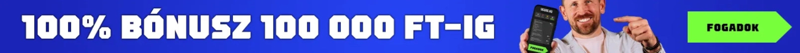Kék promóciós banner, nagy szöveggel: 100% bónusz 100 000 FT-IG, mosolygó férfi telefonnal.