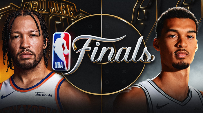 Két kosárlabdázó arcképe, középen Final felirat, NBA logóval és arany-fekete dizájnnal.