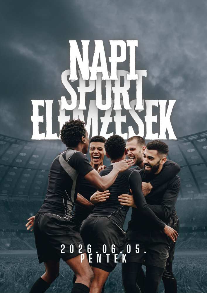 Futballcsapat ünnepel a stadionban, felül „NAPT SPORT ELHURT” felirat, alul dátum és „PÉNTEK”.