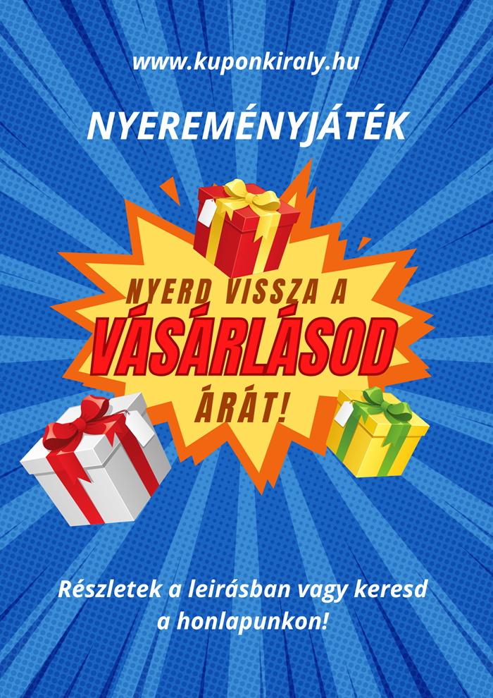 Kék képregényes háttér, ajándékdobozok és felirat: Nyereményjáték, Nyerd vissza a vásárlásod árát!