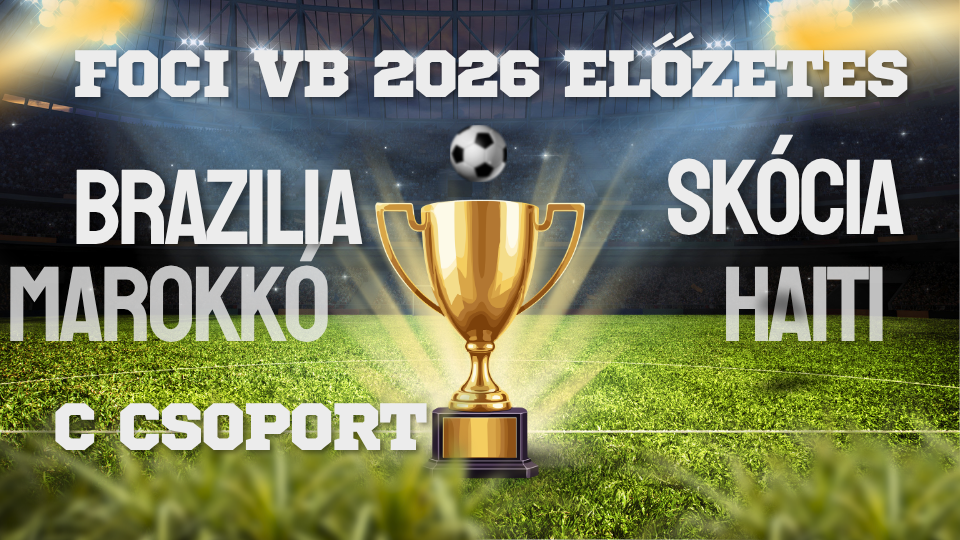 Arany kupa trófeával, futballlabdával és stadion háttérrel, „FOCI VB 2026” felirattal.