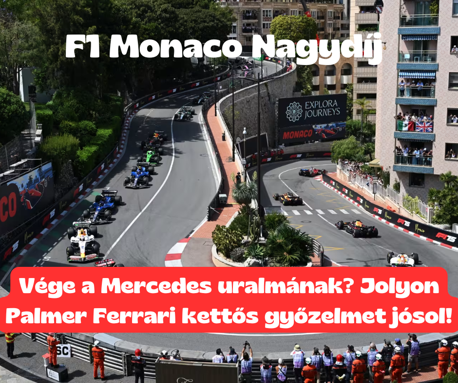 Versenyautók kanyarodnak a monacói utcai pályán, szállodák mellett, nagy feliratokkal és piros szövegdobozzal.