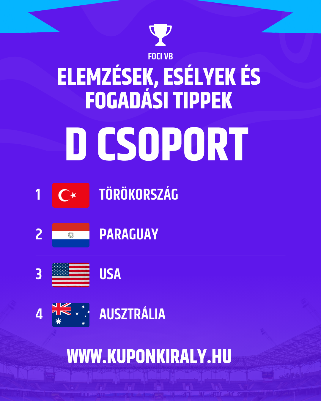 Lila-kék promóciós poszter, kupak ikon, „Foci VB”, országzászlók és rangsor: Törökország, Paraguay, USA, Ausztrália.