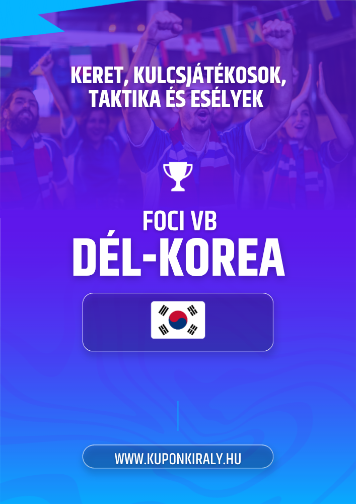 Lila-kék promóciós háttér, szurkolók karral, kupak ikon, „Dél-Korea” és „FOCI VB” felirat.