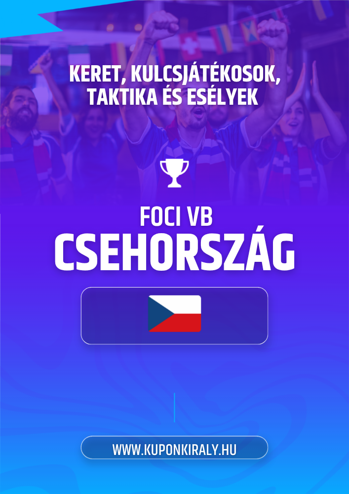Lila-kék promóciós poszter, ünneplő focicsapat, kupa ikon, „FOCI VB CSEHORSZÁG” felirat.