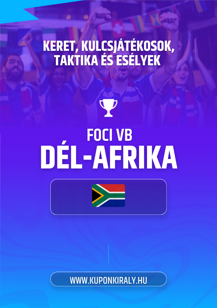 Lila-kék promóciós poszter, ünneplő szurkolók, kupa, „Dél-Afrika” és „WWW.KUPONKIRALY.HU” felirat.