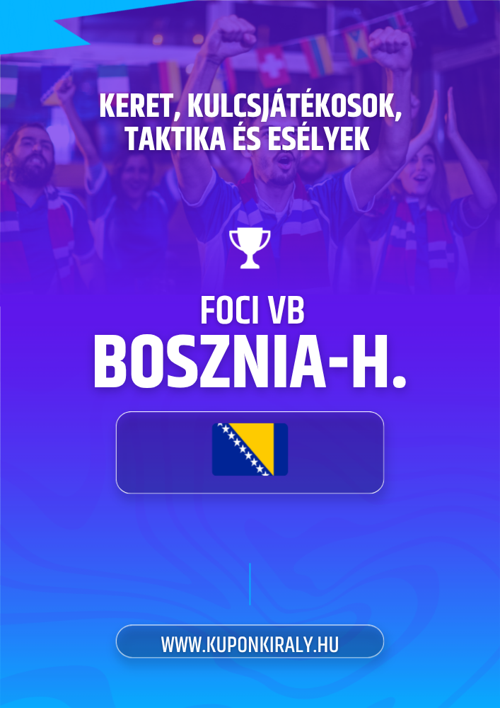 Lila-kék promóciós poszter, szurkolók karral, kupakos logó, FOCI VB B0SZNIA-H. felirat.