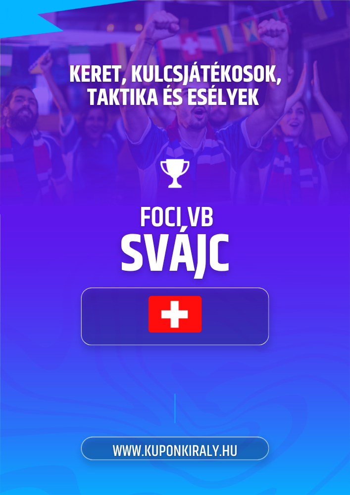Lila-kék promóciós háttér, szurkolók karral, kupa ikon, svájci zászló és feliratok.