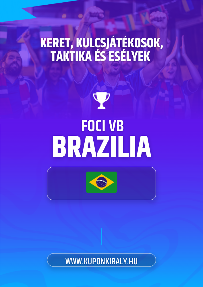Lila-kék promóciós poszter, futballszurkolók, kupa ikon, „FOCI VB BRAZILIA” felirat és brazil zászló.