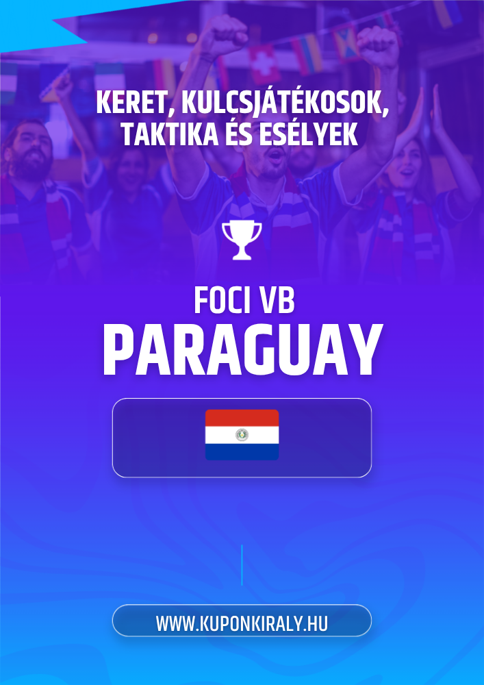 Lila-kék promóciós háttér, szurkolók karral, kupa ikon, „FOCI VB PARAGUAY” felirat és Paraguay zászló.