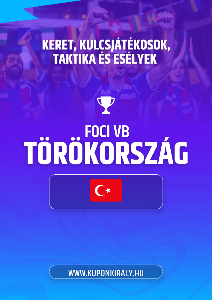 Lila-kék promóciós poszter, szurkolók karral, kupakép, „FOCI VB TÖRÖKORSZÁG” felirat és török zászló ikon.