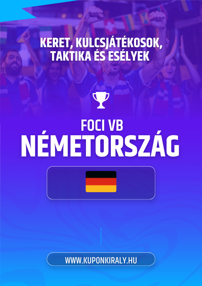 Lila-kék promóciós poszter, szurkolók karral, kupa ikon, német zászló és „NÉMETORSZÁG” felirat.