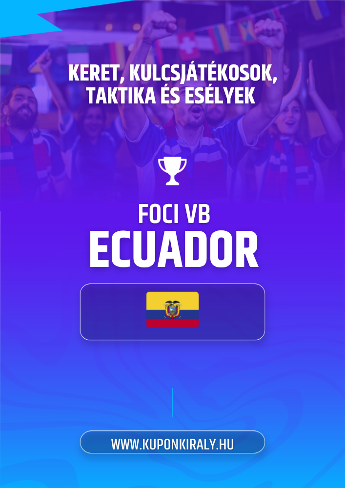 Lila-kék promóciós poszter, szurkolók karral, kupa ikon, „FOCI VB ECUADOR” felirat és Ecuador zászló.