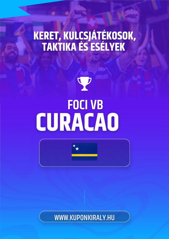 Lila-kék promóciós poszter, szurkolók karral, kupa ikon, „FOCI VB CURACAO” felirat és gomb.
