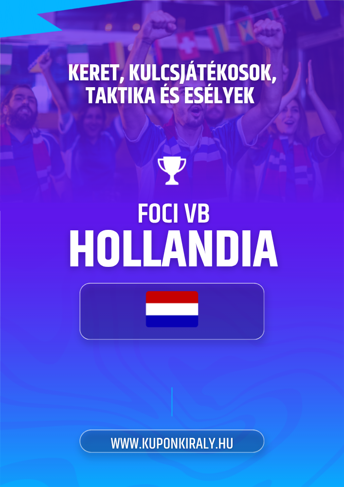 Lila-kék promóciós poszter, szurkolók karral, kupa ikon, „Foci VB Hollandia” felirat és holland zászló.