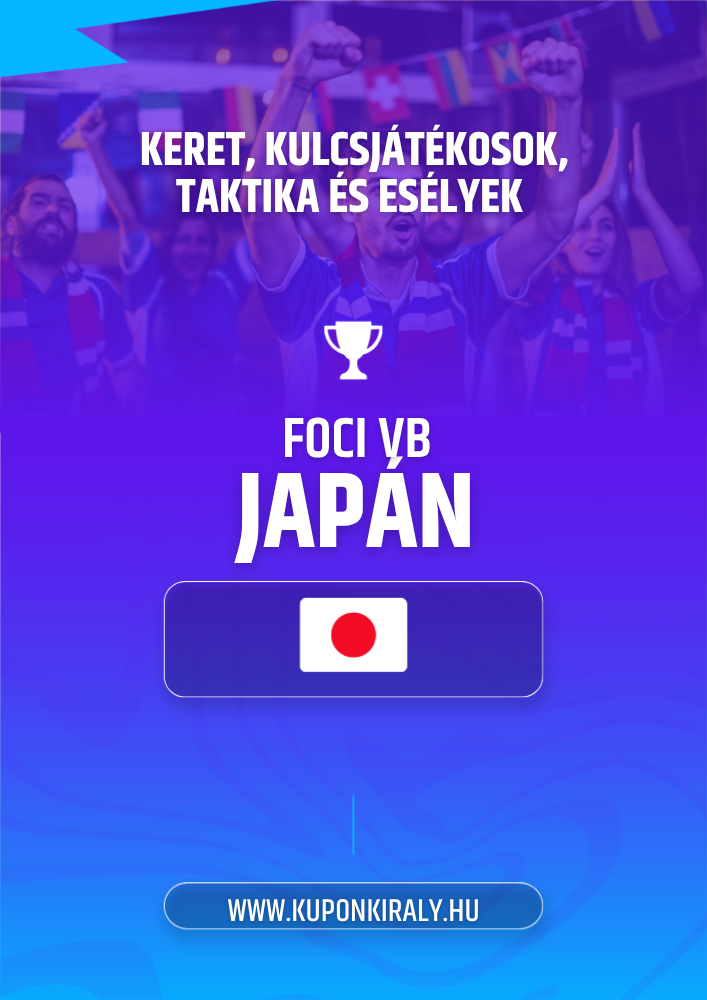 Lila-kék promóciós háttér, japán zászló ikon, kupa és feliratok: FOCI VB JAPÁN, KUPONKIRÁLY.HU.