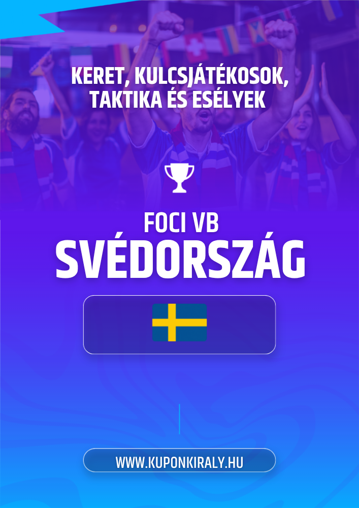 Lila-kék promóciós poszter, szurkolók karral, kupa ikon, svéd zászló és „SVÉDORSZÁG” felirat.