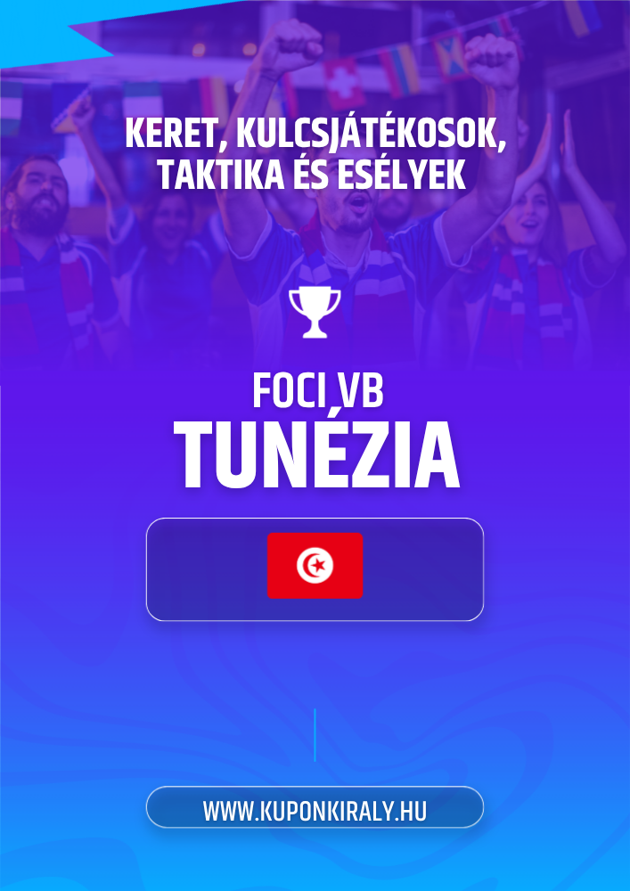 Lila-kék promóciós háttér, szurkolók karral, kupakosár ikon, FOCI VB TUNÉZIA felirat és gomb.