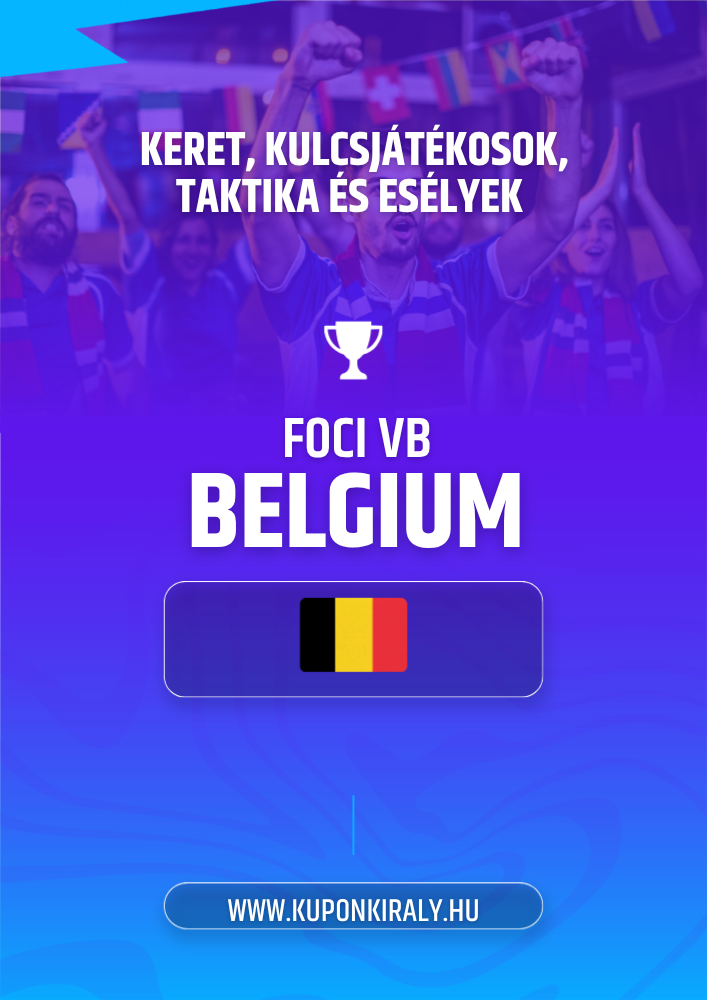Lila-kék promóciós háttér, szurkolók karral, kupa ikon, „FOCI VB BELGIUM” felirat és belga zászló.