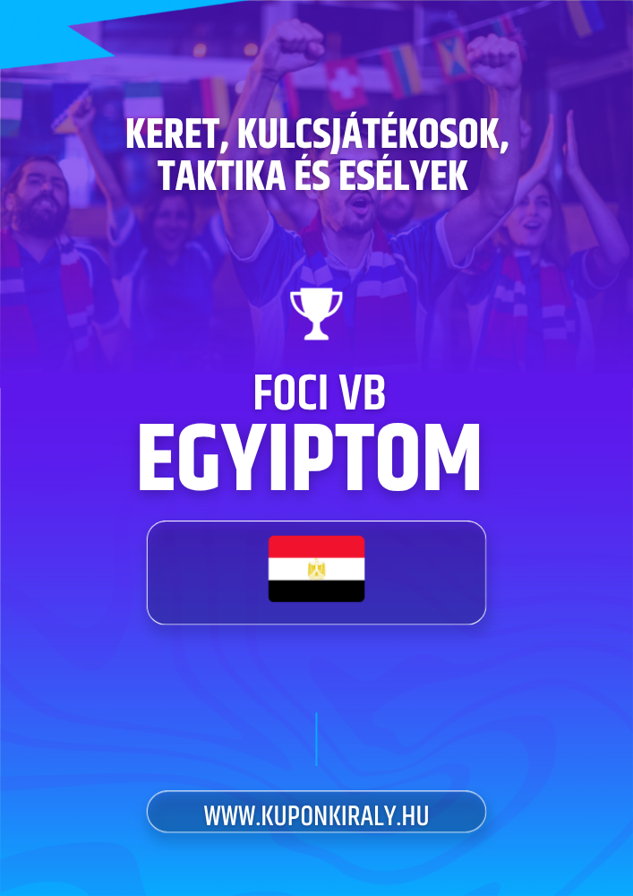 Lila-kék promóciós háttér, feliratokkal: FOCI VB EGYIPTOM, Egyiptom zászló ikon, kupát ábrázoló logó.