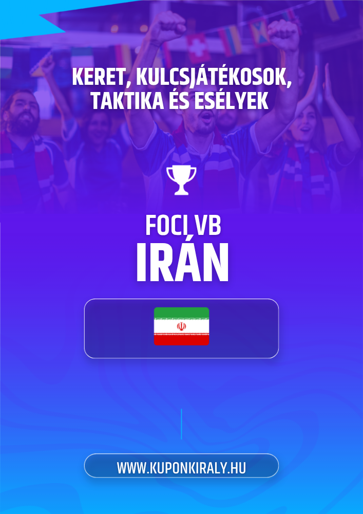 Lila-kék promóciós banner, szurkolók karral, kupakos ikon, iráni zászló és „FOCI VB IRÁN” felirat.