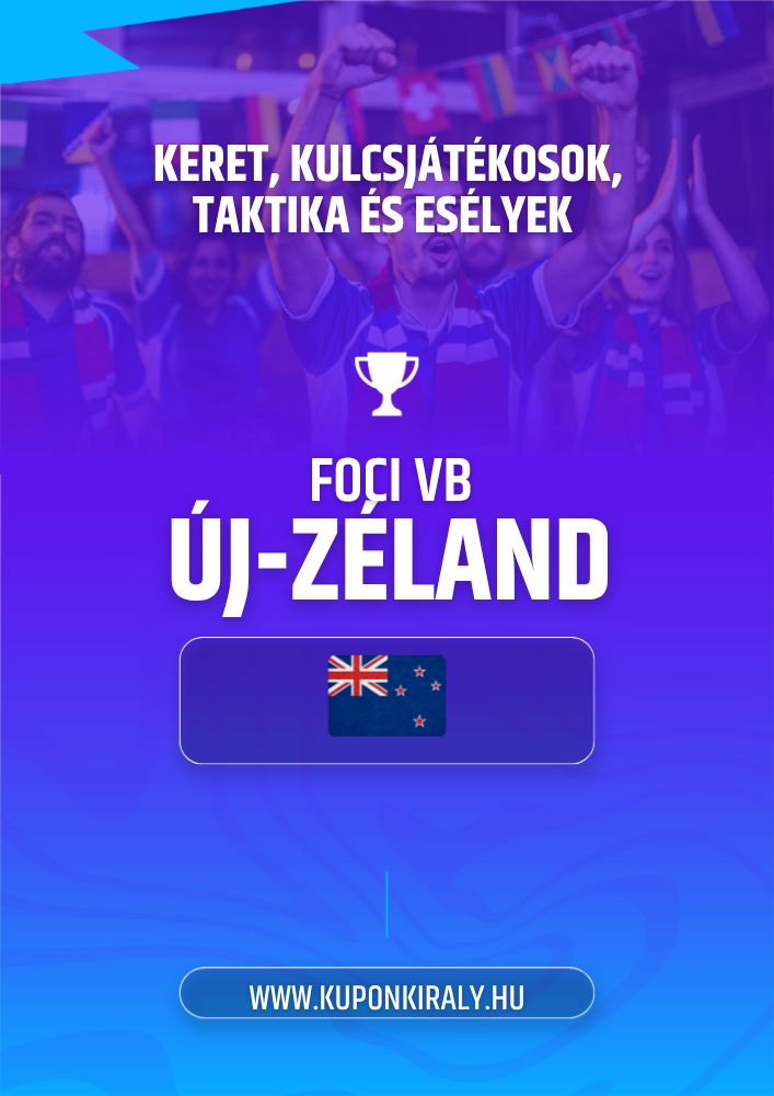 Lila-kék promóciós poszter, szurkolók karral, kupa ikon, FOCI VB ÚJ-ZELAND felirat.