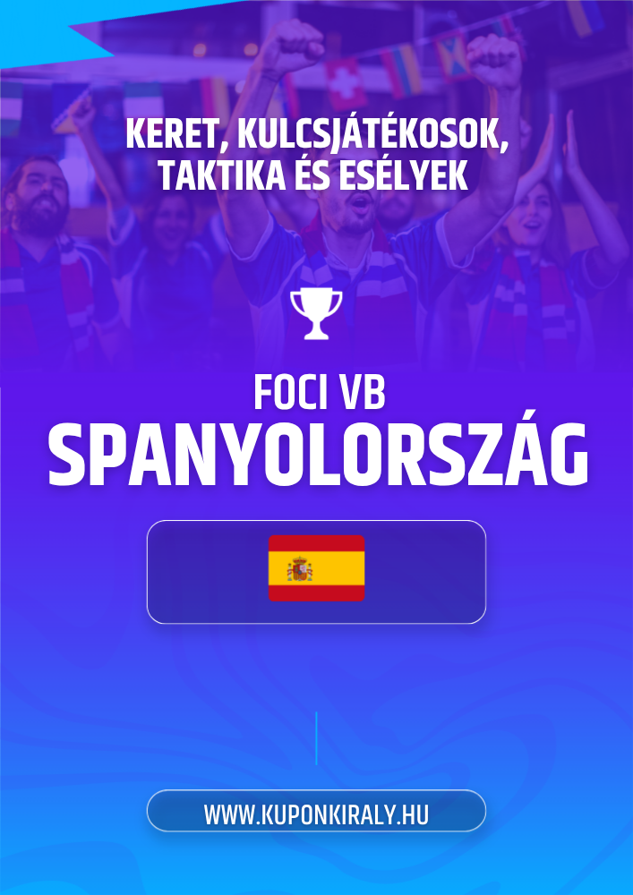 Lila-kék promóciós háttér, szurkolók karral, kupa ikon, „FOCI VB SPANYOLORSZÁG” felirat és spanyol zászló.