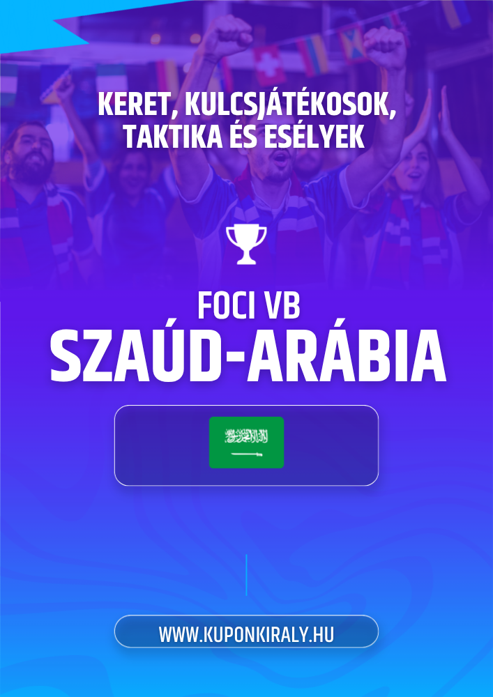 Lila-kék promóciós poszter, szurkolók karral, kupakép, FOCI VB SZAÚD-ARÁBIA felirat és gombok.