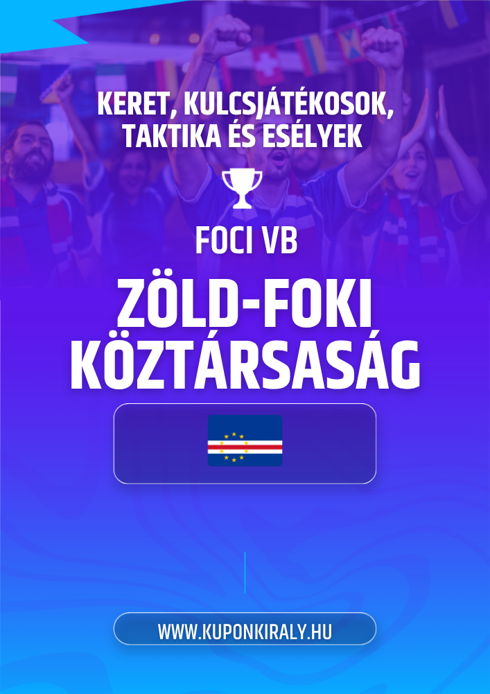 Lila-kék promóciós poszter, szurkolók emelt kézzel, kupak és szöveg: FOCI VB, Zöld-foki Köztársaság.