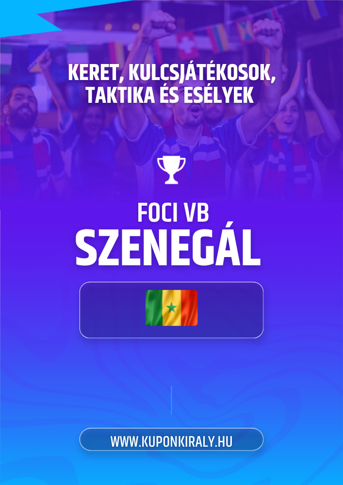 Lila-kék promóciós szelvény, szurkolók karral, kupa logó, „FOCI VB SZN E GÁL” felirat, szenegáli zászlóval.