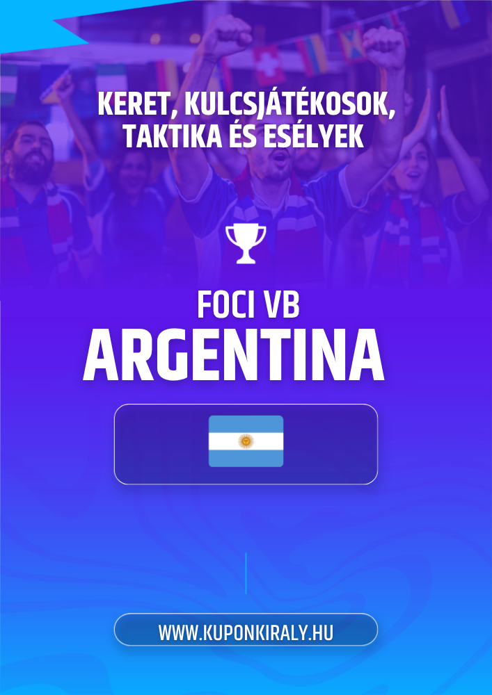 Lila-kék promóciós poszter, focimeccs hangulatú tömeg, kupakép, „FOCI VB ARGENTINA” felirat.