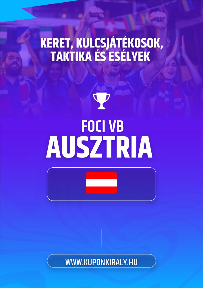 Lila-kék promóciós poszter, szurkolók karral, kupakosár, FOCI VB AUSZTRIA felirat és osztrák zászló.