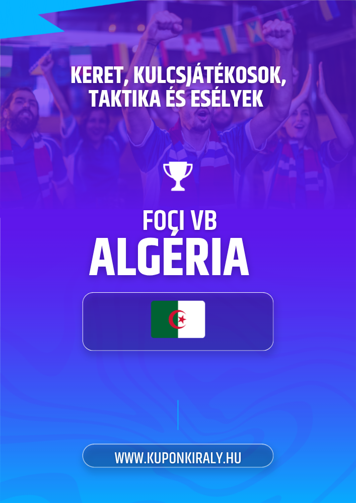 Lila-kék promóciós háttér, feliratokkal: FOCI VB ALGERIA, középen kupa ikon és algériai zászló.
