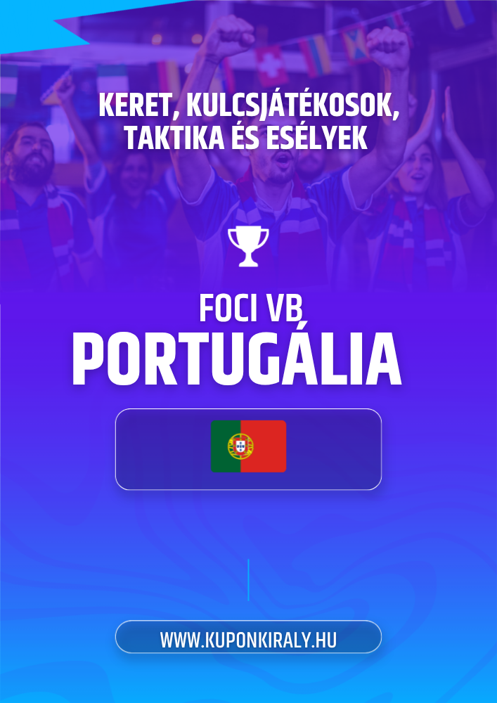 Lila-kék promóciós poszter, szurkolók karral, kupa ikon, „Foci VB Portugália” és portugál zászló.