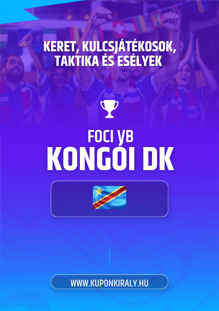 Lila-kék promóciós háttér, szurkolók karral, kupakos logó, „FOCI VB KONGÓI DK” felirat.