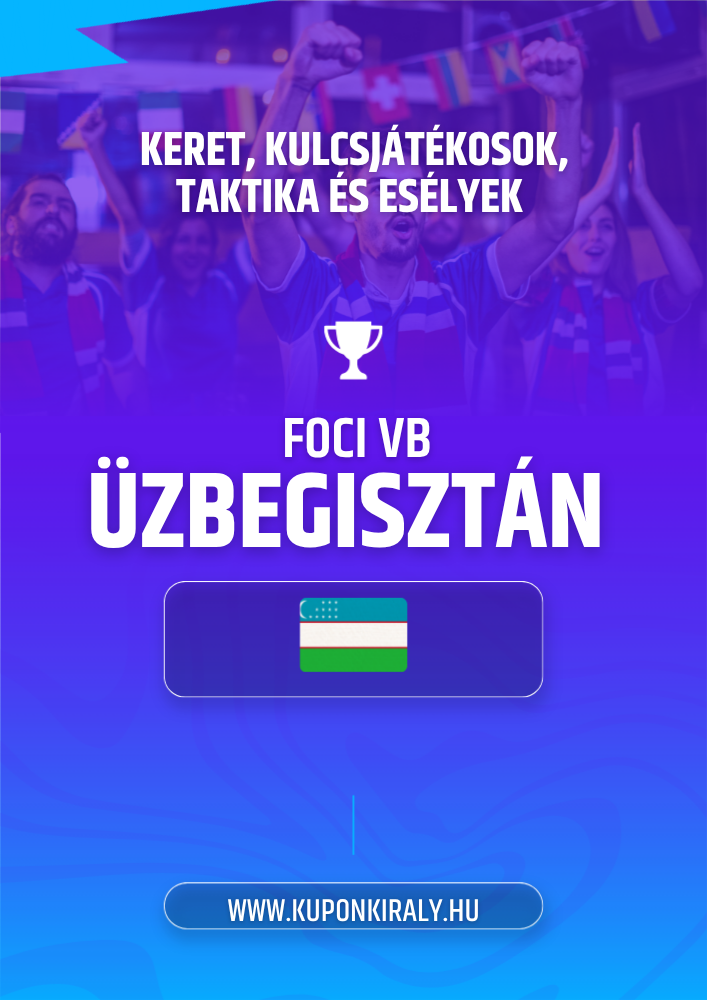 Lila-kék promóciós poszter, feliratokkal és kupával, háttérben szurkolók, középen magyar zászló ikon.